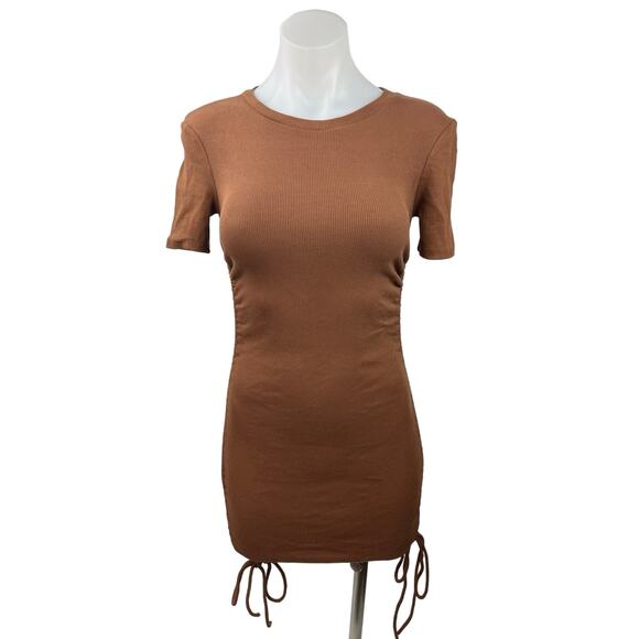 Zara Brown Ribbed Knit Short Sleeve Side Ruched Tie Mini Bodycon Dress Size S - Picture 8 of 12